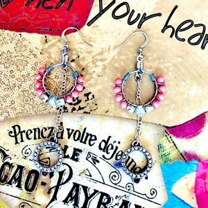 Pink and silver bead wire wrapped hoop earrings